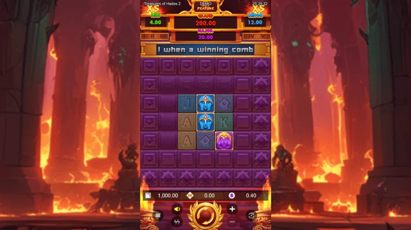 Treasures of Hades 2 — główny ekran gry slotu z bębnami 3x3 i 20 liniami wygrywającymi od Rectangle Games